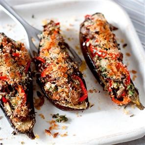 Sausage and herb stuffed aubergines