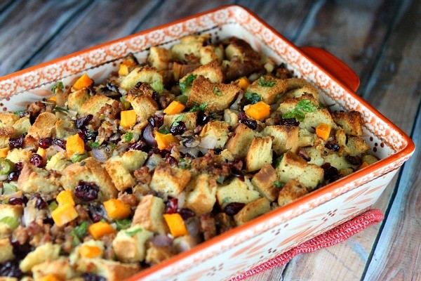 Sausage and herb stuffing with butternut squash and cranberries