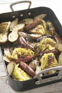 Sausage and Jerusalem artichoke bake with cabbage