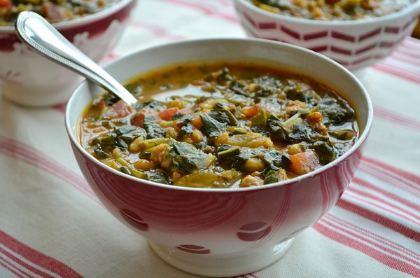 Sausage and kale stoup with pumpkin and farro