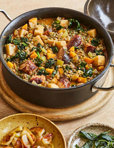 Sausage and lentils with apple and sage