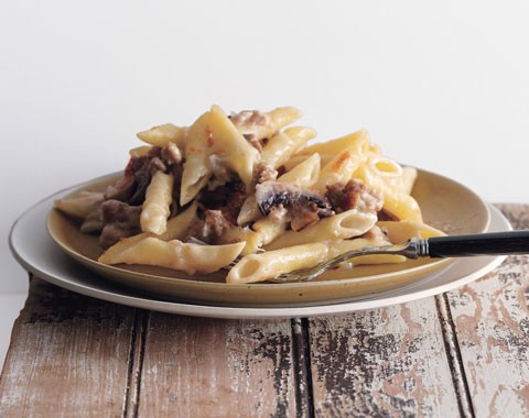 Sausage and mushroom penne gratin