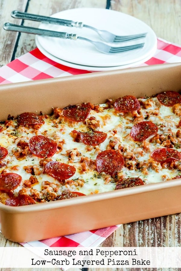 Sausage and pepperoni layered pizza bake
