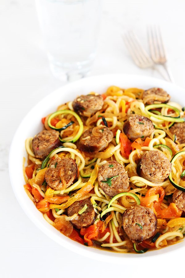 Sausage and peppers with zucchini noodles