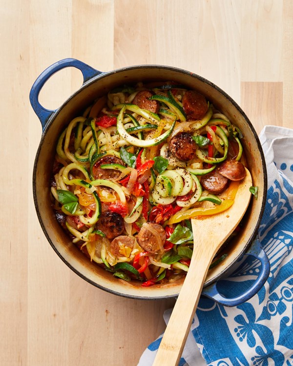 Sausage and peppers with zucchini noodles