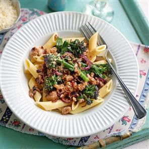 Sausage and purple sprouting broccoli penne