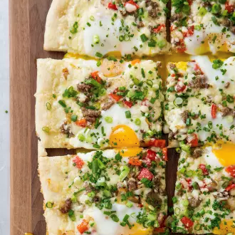 Sausage and red bell pepper breakfast pizza
