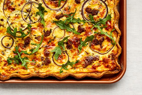 Sausage and red onion sheet pan quiche
