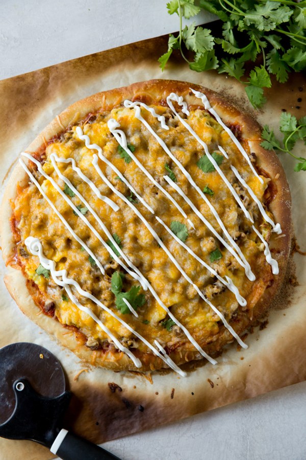 Sausage and scrambled egg pizza