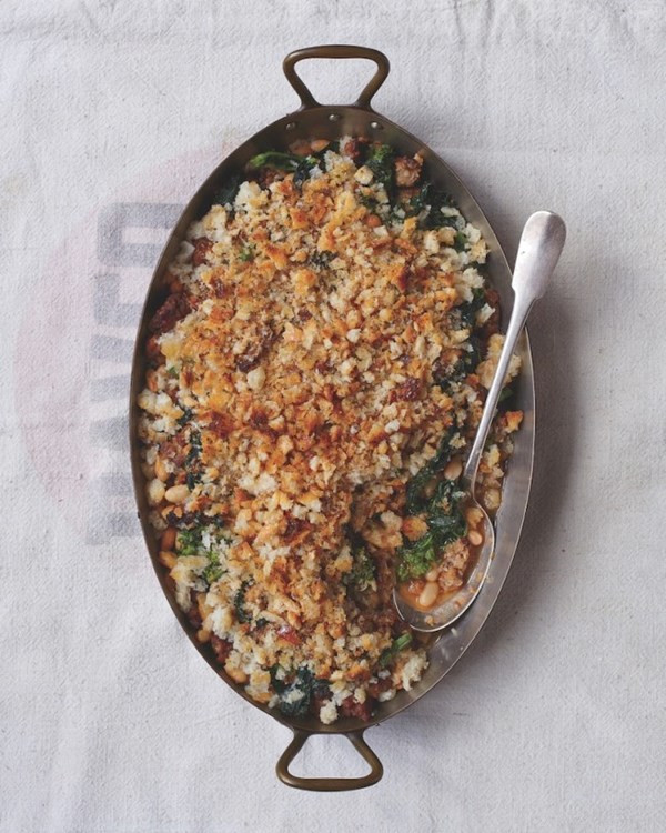 Sausage and white bean gratin