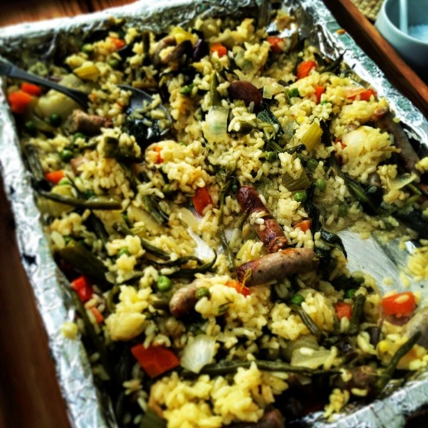 Sausage and wild garlic oven-baked paella