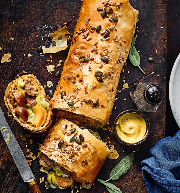 Sausage, apple and Stilton strudel