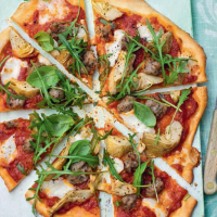 Sausage, artichoke and rocket pizza
