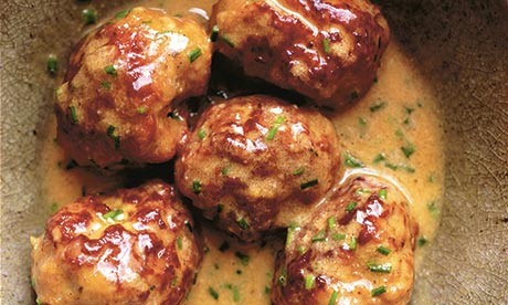 Sausage balls, mustard and cream sauce