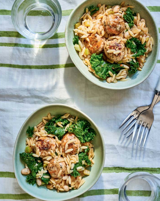 Sausage balls with orzo & beans