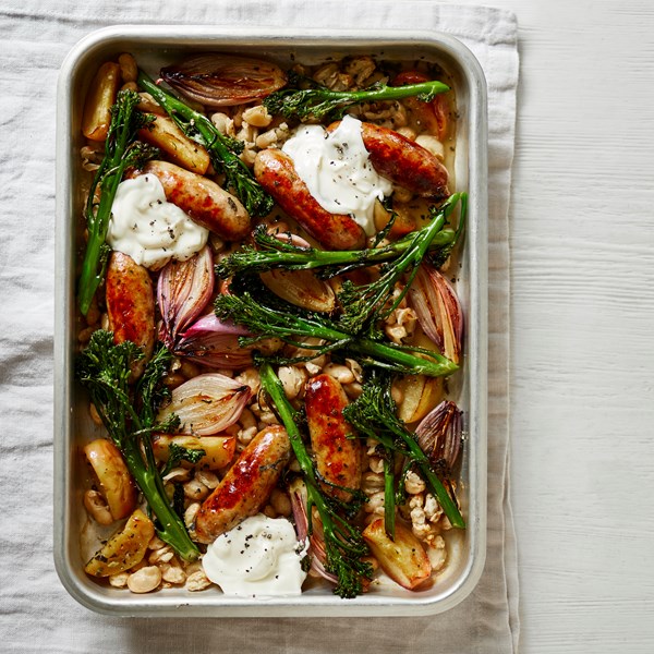 Sausage, bean & apple traybake