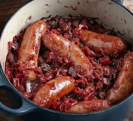Sausage, beet and red cabbage hotpot 