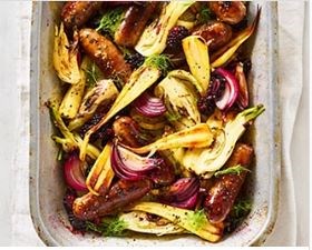 Sausage, blackberry & parsnip traybake