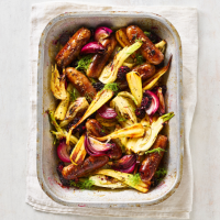 Sausage, blackberry and parsnip traybake