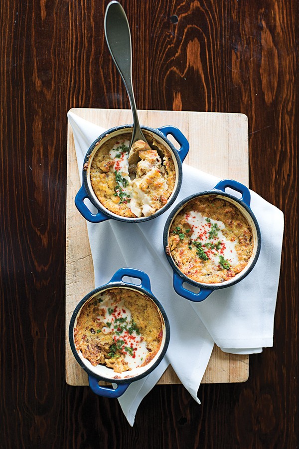 Sausage-Camembert spoon pudding