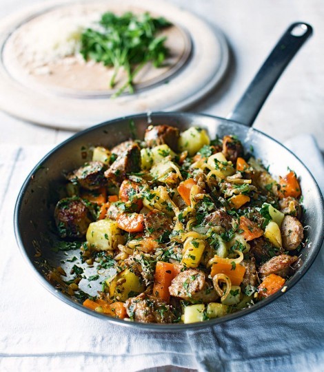 Sausage, carrot and cumin hash