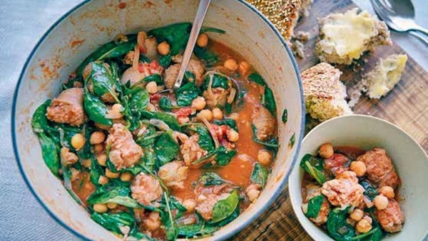 Sausage, chickpea, and spinach stew