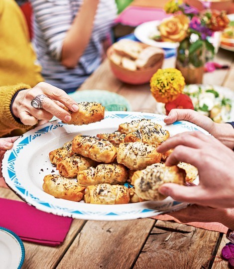 Sausage, cider and apple filo rolls with mustard mayonnaise