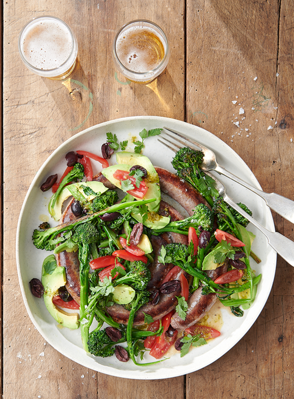 Sausage coil with charred broccolini and avocado and olive salsa