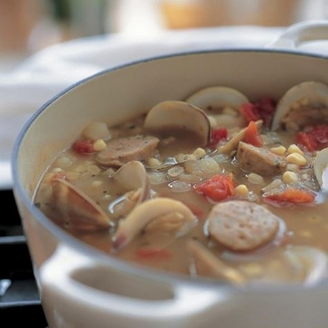 Sausage, corn & clam soup