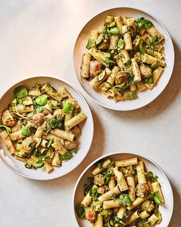 Sausage, courgette and watercress pesto pasta 