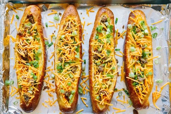 Sausage, egg, and cheese bread boats