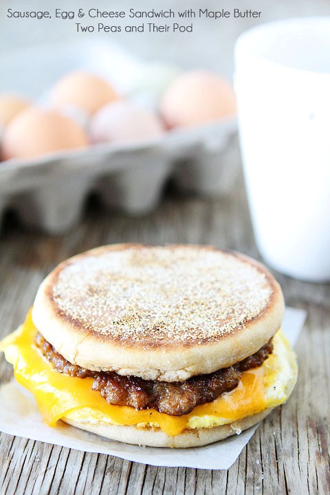 Sausage, egg, and cheese breakfast sandwich with maple butter