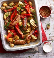 Sausage, fennel and pepper traybake