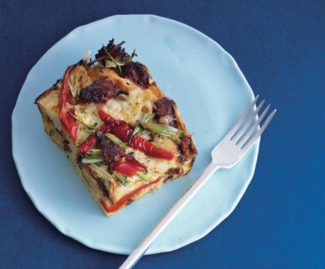 Sausage, Fontina, and bell pepper strata