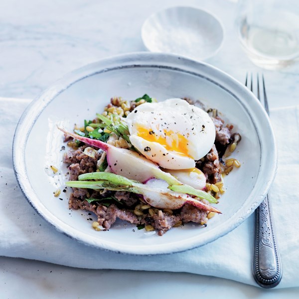 Sausage fried farro with shiitake, radishes & scallions [Stuart Brioza]