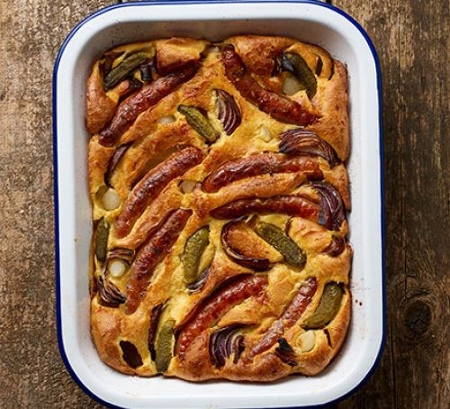 Sausage, gherkin and pickled onion toad-in-the-hole