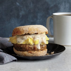 Sausage, gravy, and egg breakfast sandwiches