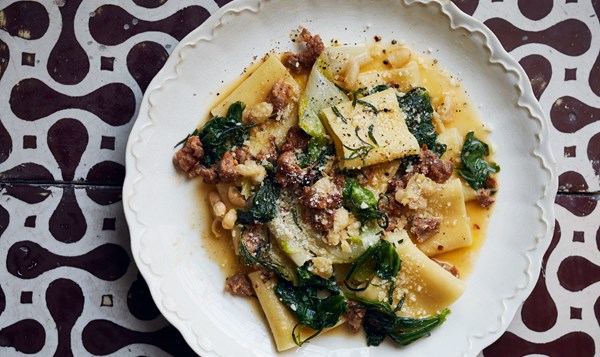 Sausage, greens, and beans pasta