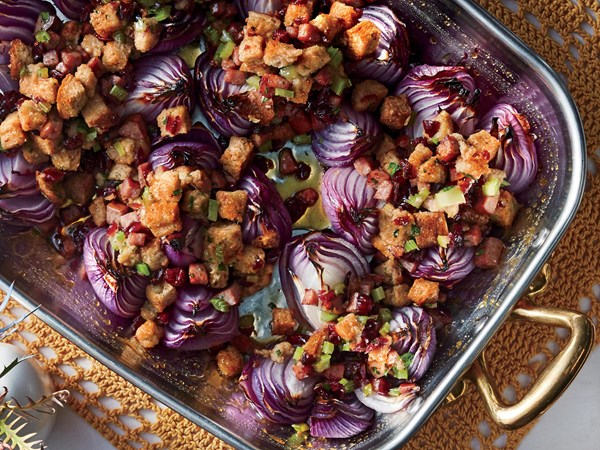 Sausage, herb, and cranberry-stuffed onions