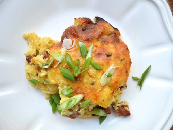 Sausage, jalapeño, and cheddar spoonbread