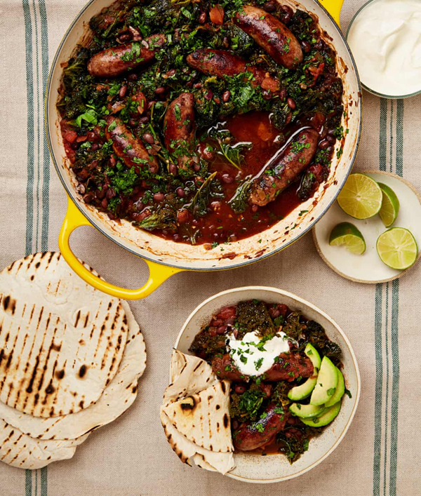 Sausage, kale and lime black bean stew