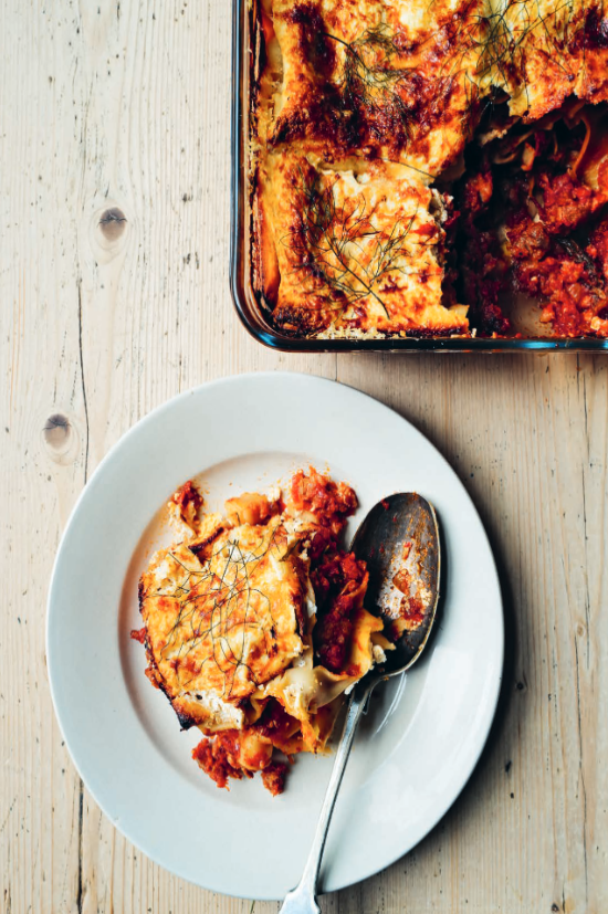 Sausage lasagne with ricotta, pecorino and fennel