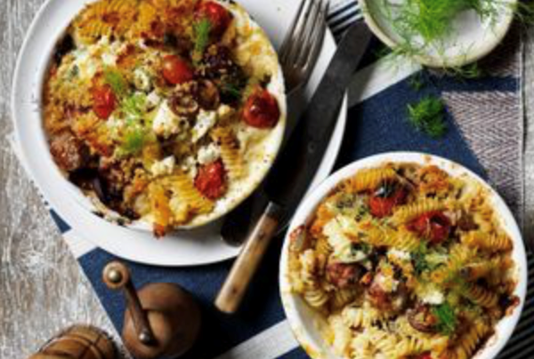 Sausage, leek and goat's cheese fusilli bake