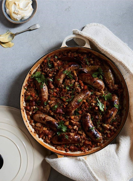 Sausage, lentil & fennel stew with crème fraîche & Dijon mustard