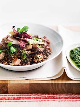 Sausage, lentils and radicchio with salsa verde