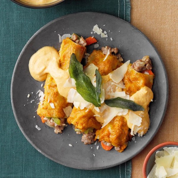 Sausage manicotti with pumpkin sauce