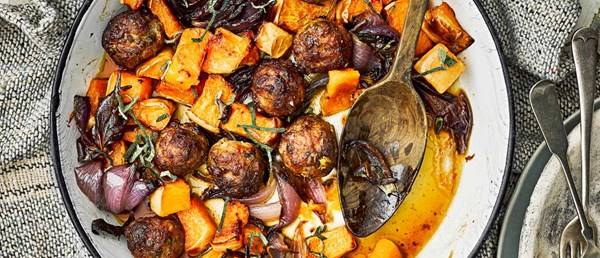 Sausage meatball and butternut squash traybake