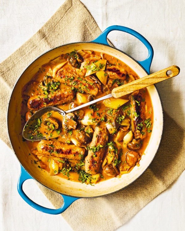 Sausage, mushroom and Breton cider stew 