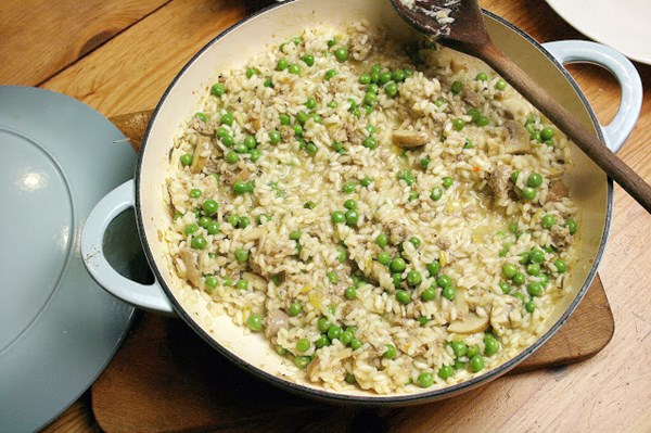Sausage, mushroom and pea risotto