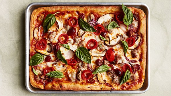 Sausage, mushroom, and pickled-pepper pizza